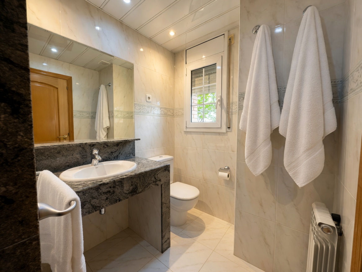 Baño en-suite con encimera de mármol y ducha