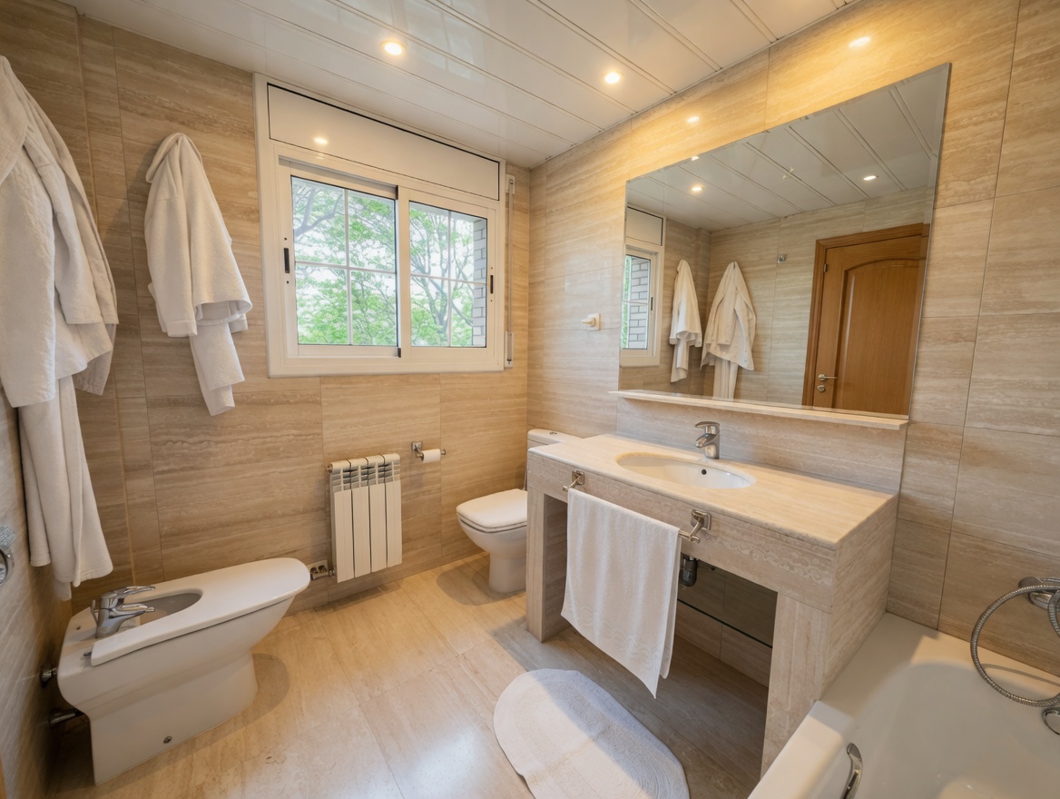 Baño en-suite (1ª planta) con bañera, bidé y gran ventanal al jardín