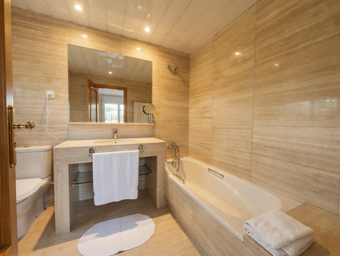 Baño en-suite (1ª planta) revestido en travertino con bañera