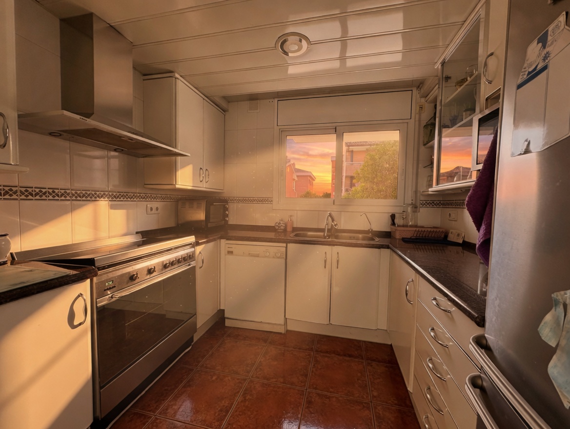 Cocina office con vistas al exterior al atardecer